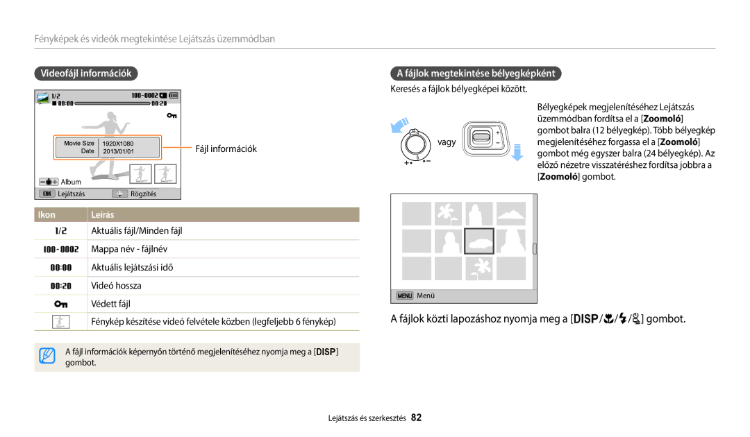 Samsung EC-WB2100BPBE3 manual Fájlok közti lapozáshoz nyomja meg a D/c/F/t gombot, Videofájl információk, Zoomoló gombot 