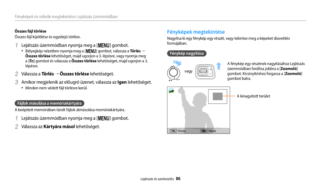 Samsung EC-WB2100BPBE3 manual Fényképek megtekintése, Lejátszás üzemmódban nyomja meg a m gombot, Fénykép nagyítása 