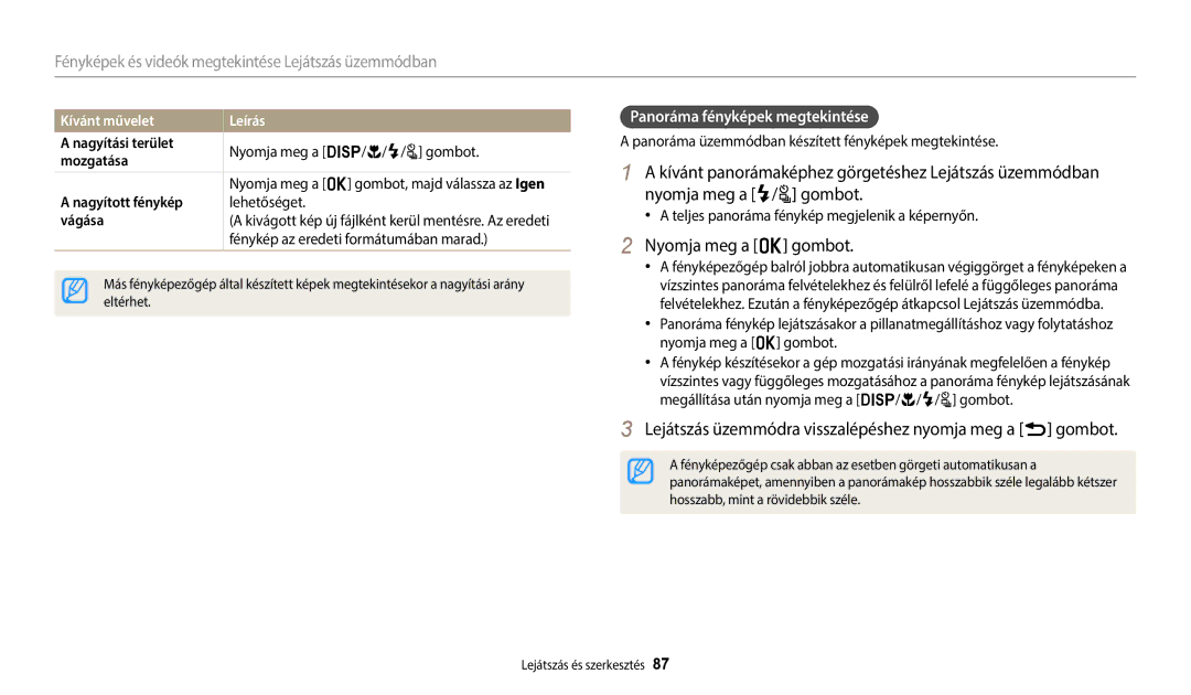 Samsung EC-WB2100BPBE3 manual Lejátszás üzemmódra visszalépéshez nyomja meg a r gombot, Panoráma fényképek megtekintése 