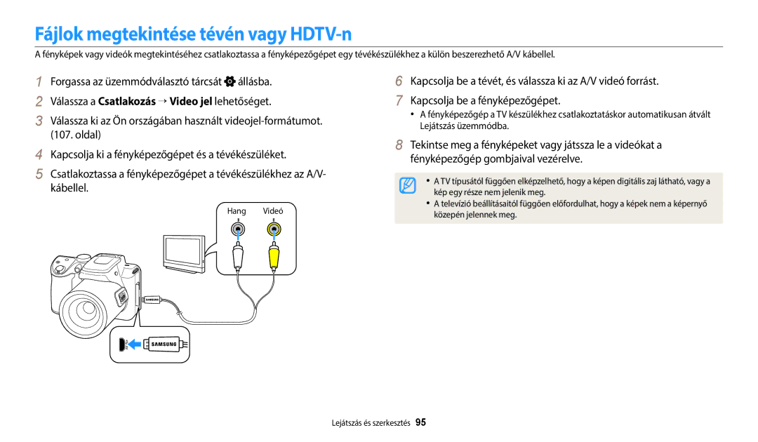 Samsung EC-WB2100BPBE3 manual Fájlok megtekintése tévén vagy HDTV-n, Hang Videó, Kép egy része nem jelenik meg 