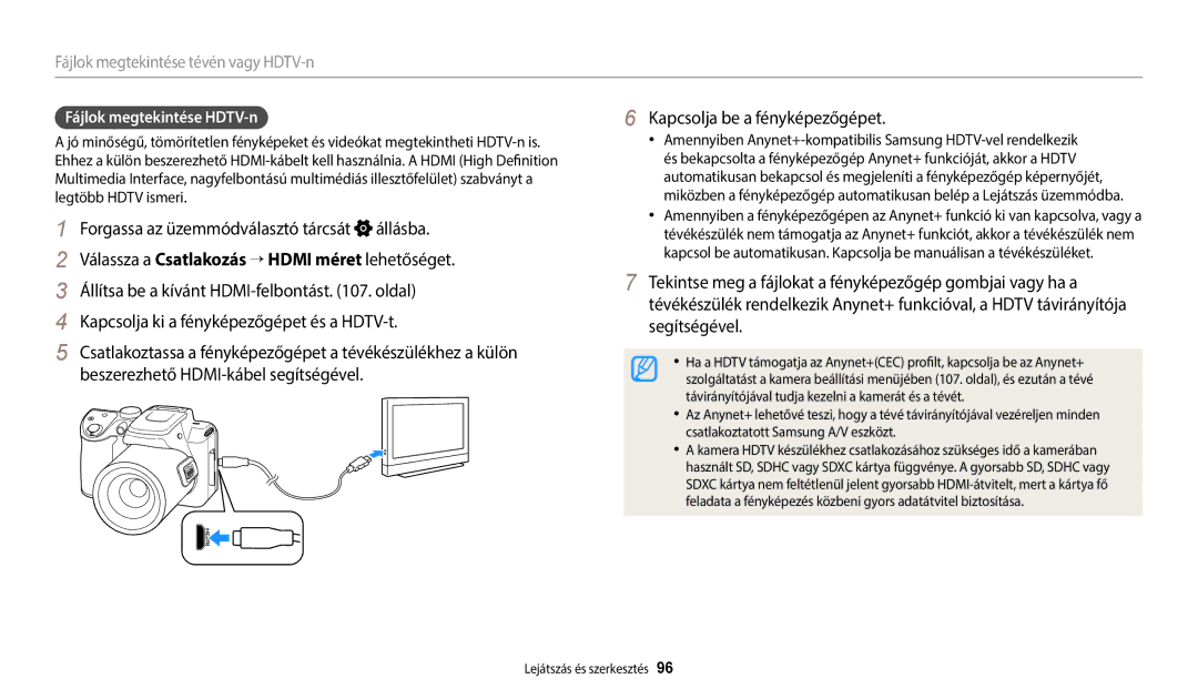 Samsung EC-WB2100BPBE3 manual Fájlok megtekintése HDTV-n, Távirányítójával tudja kezelni a kamerát és a tévét 