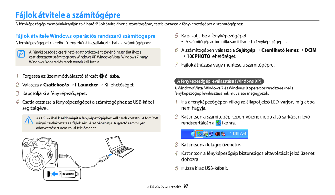 Samsung EC-WB2100BPBE3 manual Fájlok átvitele a számítógépre, Fényképezőgép leválasztása Windows XP 