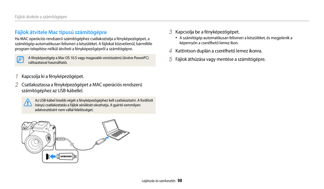 Samsung EC-WB2100BPBE3 manual Fájlok átvitele Mac típusú számítógépre, Változataival használható 