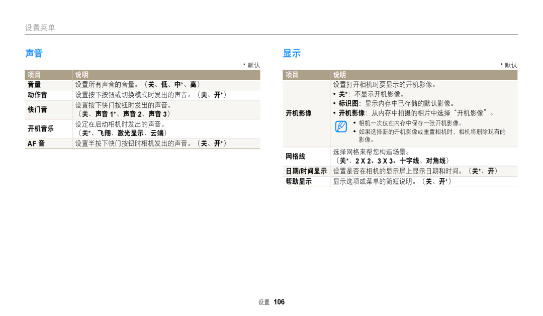 Samsung EC-WB2100BPBE3 设置所有声音的音量。（关、低、中*、高）, 设置半按下快门按钮时相机发出的声音。（关、开*）, 设置打开相机时要显示的开机影像。, ：不显示开机影像。, 标识图：显示内存中已存储的默认影像。 