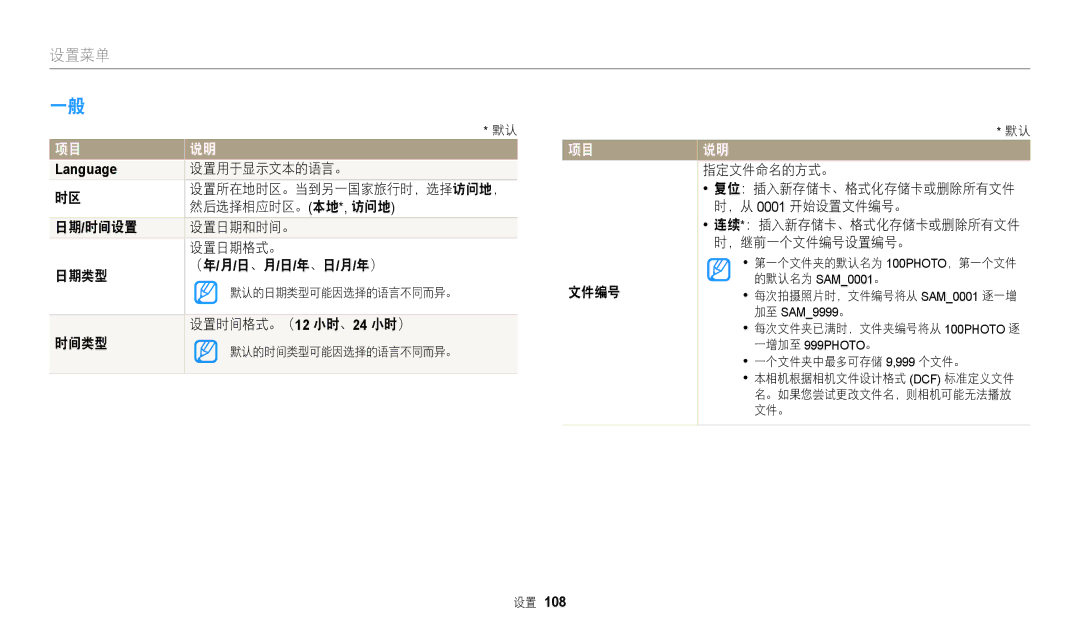 Samsung EC-WB2100BPBE3 manual 设置用于显示文本的语言。, 设置时间格式。（12 小时、24 小时） 时间类型, 指定文件命名的方式。 