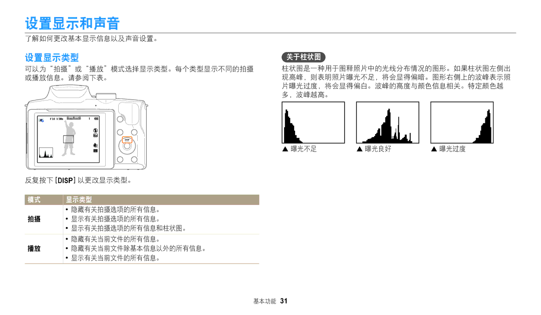 Samsung EC-WB2100BPBE3 manual 设置显示和声音, 设置显示类型 