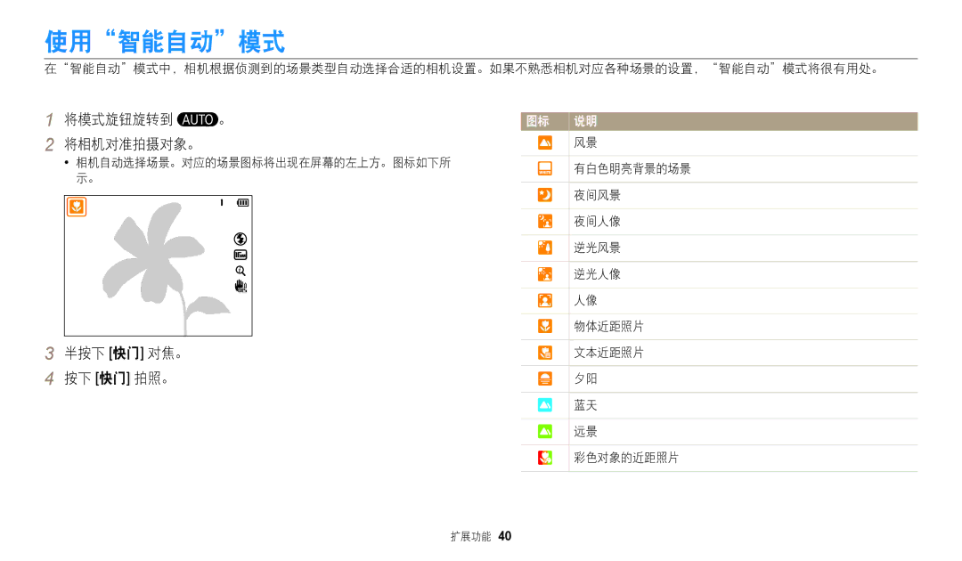 Samsung EC-WB2100BPBE3 manual 使用智能自动模式, 将模式旋钮旋转到 将相机对准拍摄对象。, 按下 快门 拍照。, 文本近距照片, 彩色对象的近距照片 