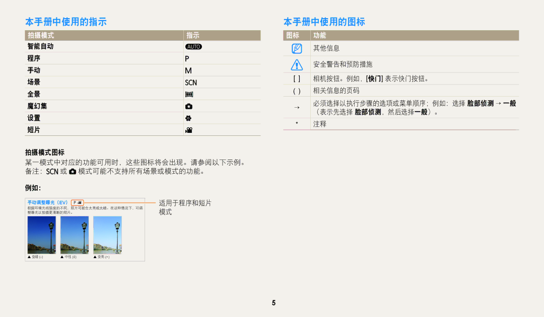 Samsung EC-WB2100BPBE3 manual 本手册中使用的指示, 本手册中使用的图标 