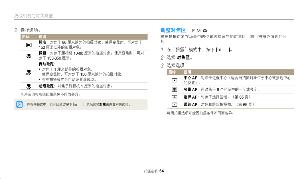 Samsung EC-WB2100BPBE3 manual 调整对焦区, 在拍摄模式中，按下 m。 选择 对焦区。 选择选项。 