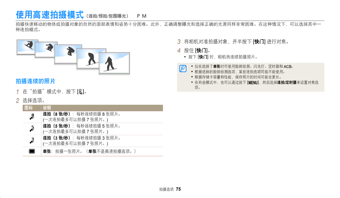 Samsung EC-WB2100BPBE3 拍摄连续的照片, 在拍摄模式中，按下 t。 选择选项。 将相机对准拍摄对象，并半按下 快门 进行对焦。 按住 快门。, 按下 快门 时，相机将连续拍摄照片。, 一次连拍最多可以拍摄 7 张照片。 