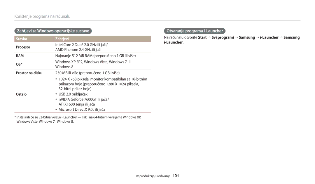 Samsung EC-WB2100BPBE3 manual Zahtjevi za Windows operacijske sustave, Otvaranje programa i-Launcher, Stavka Zahtjevi 