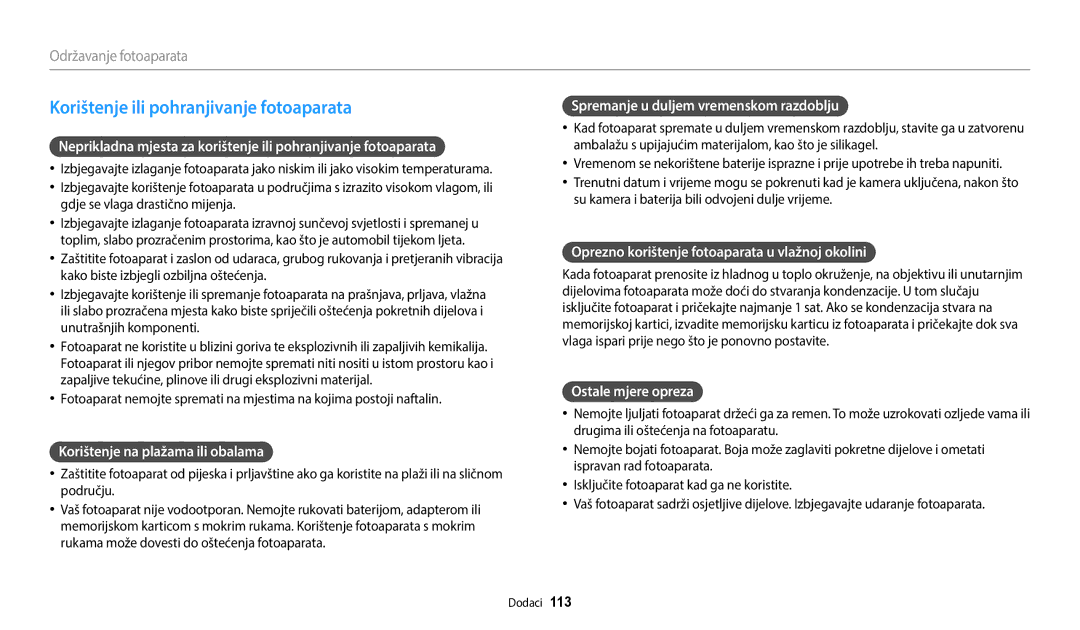 Samsung EC-WB2100BPBE3 Korištenje ili pohranjivanje fotoaparata, Korištenje na plažama ili obalama, Ostale mjere opreza 