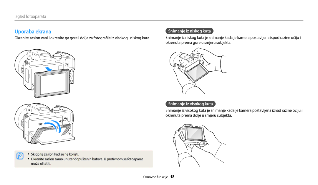 Samsung EC-WB2100BPBE3 manual Uporaba ekrana, Snimanje iz niskog kuta, Snimanje iz visokog kuta 