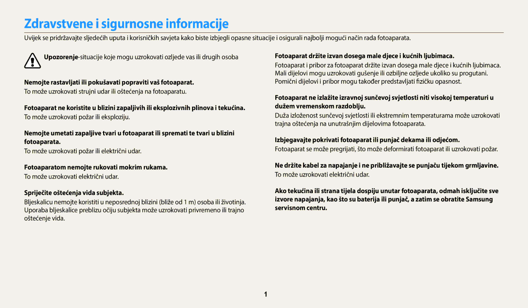 Samsung EC-WB2100BPBE3 manual Zdravstvene i sigurnosne informacije, Fotoaparatom nemojte rukovati mokrim rukama 