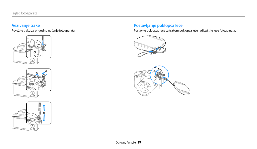 Samsung EC-WB2100BPBE3 manual Vezivanje trake Postavljanje poklopca leće, Povežite traku za prigodno nošenje fotoaparata 