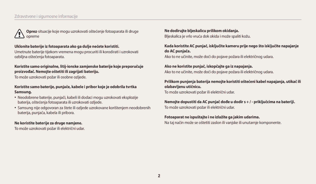 Samsung EC-WB2100BPBE3 manual Ne koristite baterije za druge namjene, Ne dodirujte bljeskalicu prilikom okidanja 