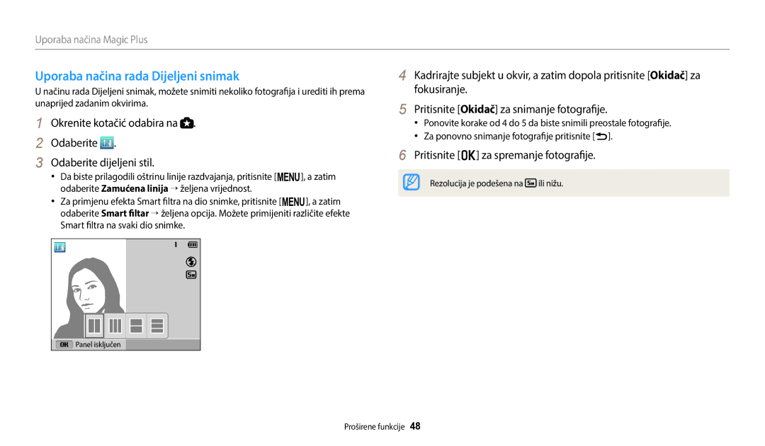 Samsung EC-WB2100BPBE3 manual Uporaba načina rada Dijeljeni snimak, Pritisnite o za spremanje fotografije 