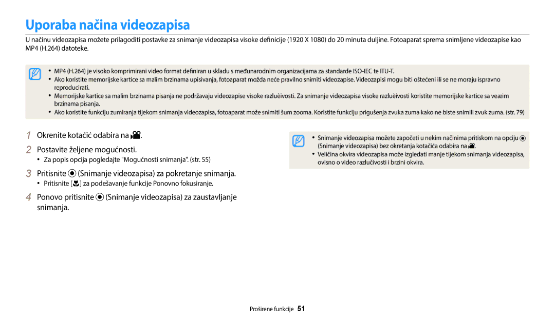 Samsung EC-WB2100BPBE3 manual Uporaba načina videozapisa, Pritisnite Snimanje videozapisa za pokretanje snimanja 