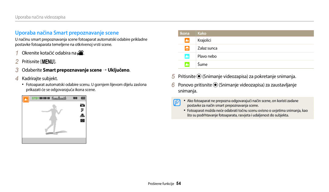 Samsung EC-WB2100BPBE3 manual Uporaba načina Smart prepoznavanje scene, Odaberite Smart prepoznavanje scene → Uključeno 