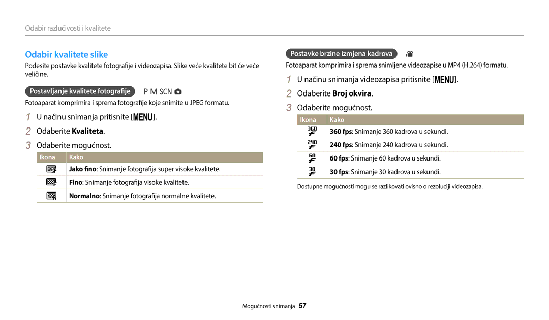 Samsung EC-WB2100BPBE3 manual Odabir kvalitete slike, Postavljanje kvalitete fotografije, Postavke brzine izmjena kadrova 