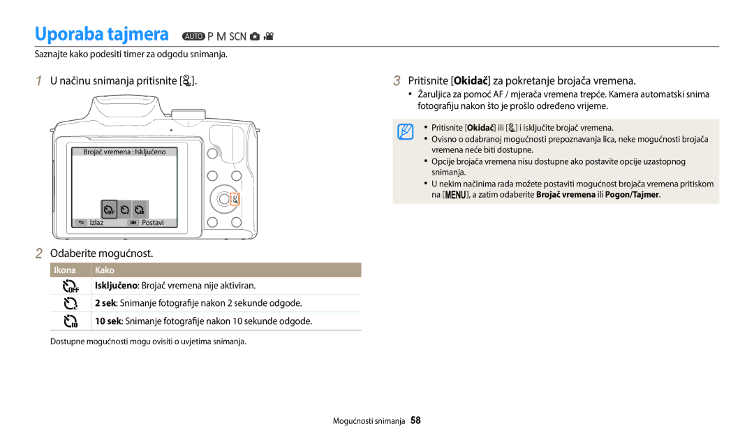 Samsung EC-WB2100BPBE3 Uporaba tajmera, Načinu snimanja pritisnite t, Pritisnite Okidač za pokretanje brojača vremena 