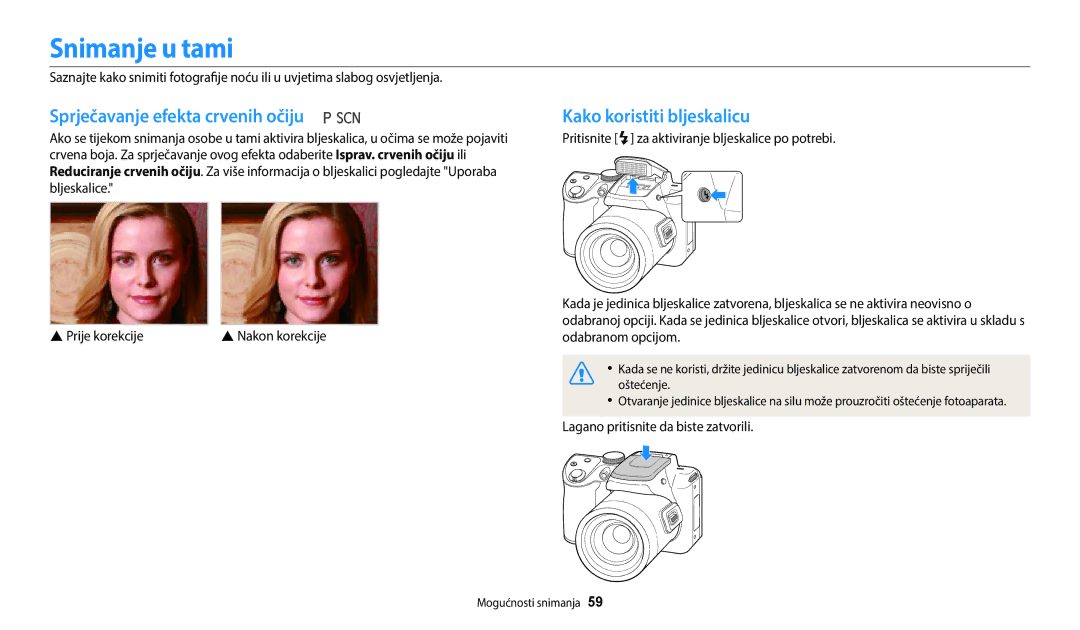 Samsung EC-WB2100BPBE3 manual Snimanje u tami, Sprječavanje efekta crvenih očiju, Kako koristiti bljeskalicu 