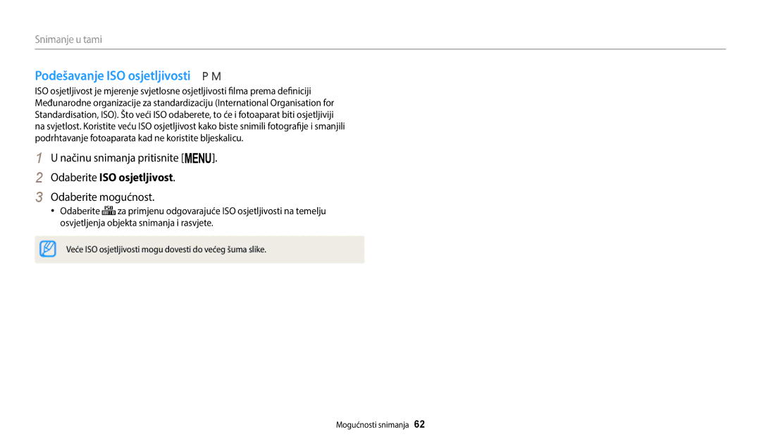 Samsung EC-WB2100BPBE3 manual Podešavanje ISO osjetljivosti, Odaberite ISO osjetljivost 