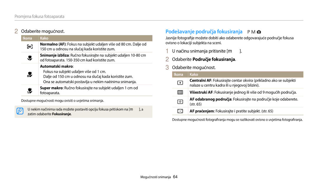 Samsung EC-WB2100BPBE3 manual Podešavanje područja fokusiranja, Odaberite Područje fokusiranja 