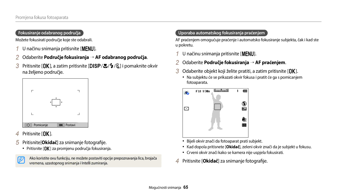 Samsung EC-WB2100BPBE3 manual Odaberite Područje fokusiranja → AF odabranog područja 