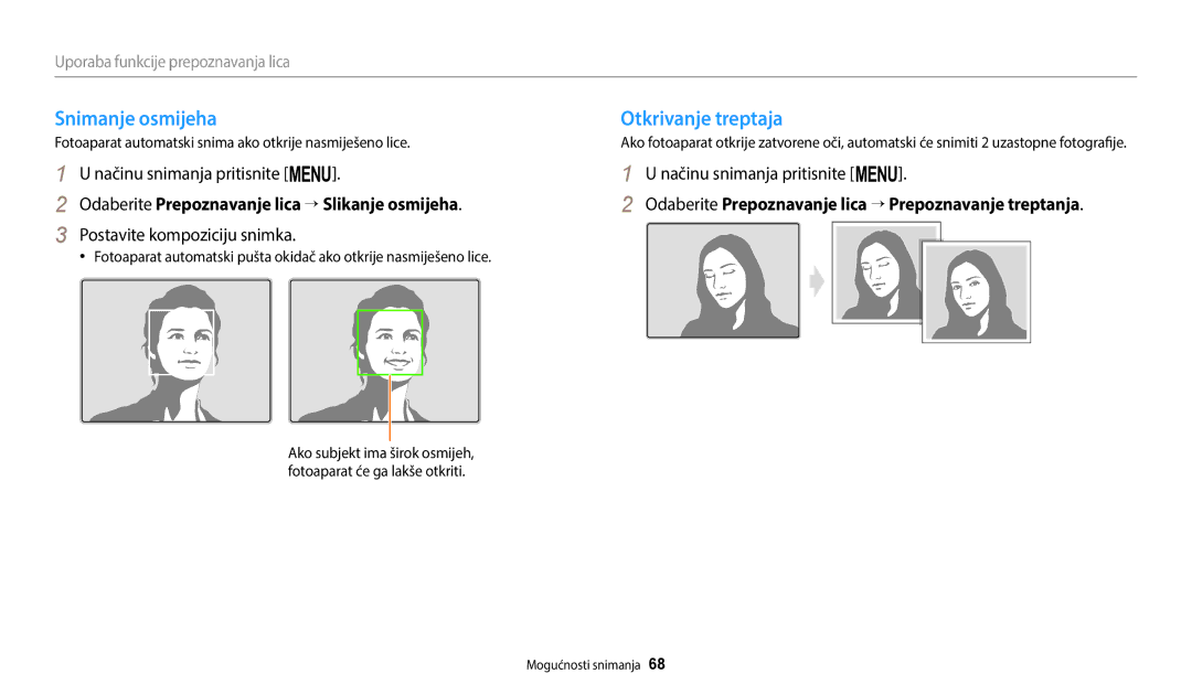 Samsung EC-WB2100BPBE3 manual Snimanje osmijeha Otkrivanje treptaja, Odaberite Prepoznavanje lica → Slikanje osmijeha 
