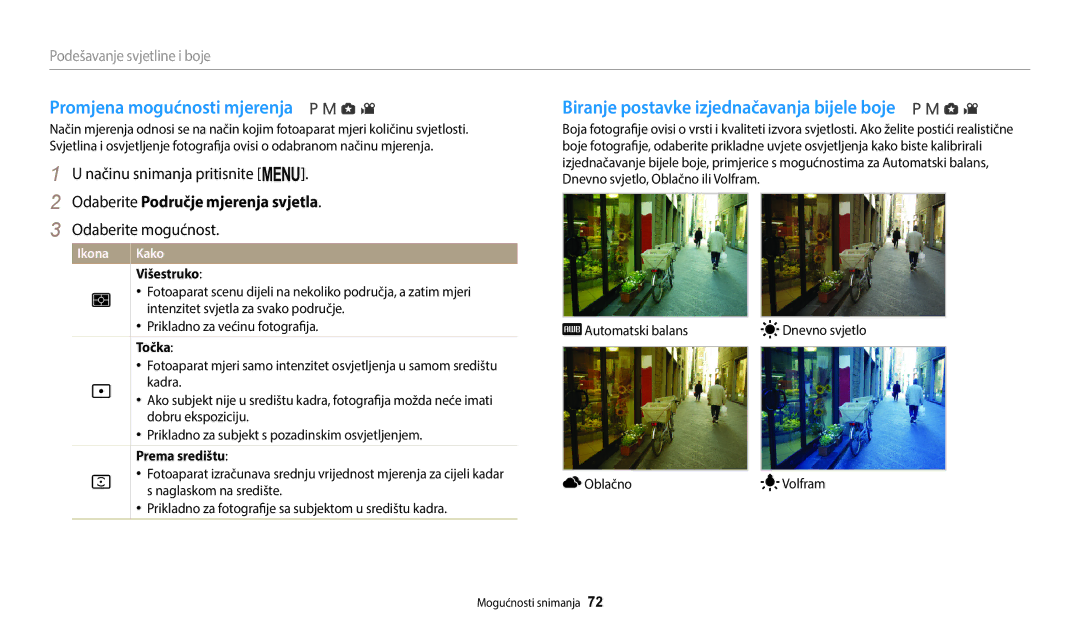 Samsung EC-WB2100BPBE3 manual Promjena mogućnosti mjerenja, Biranje postavke izjednačavanja bijele boje 