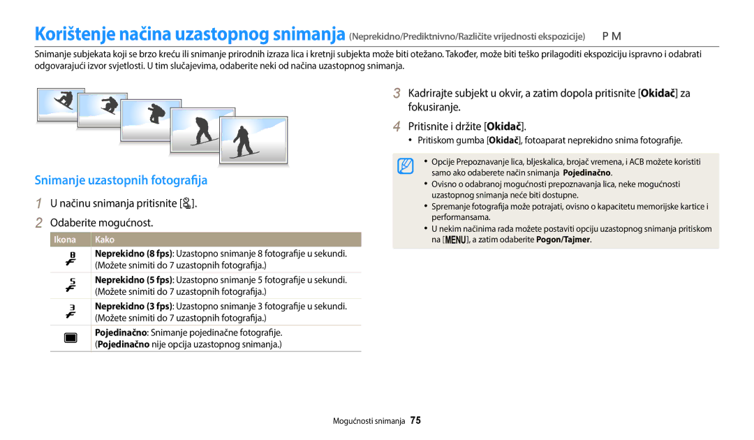 Samsung EC-WB2100BPBE3 manual Snimanje uzastopnih fotografija, Načinu snimanja pritisnite t Odaberite mogućnost, Sekundi 