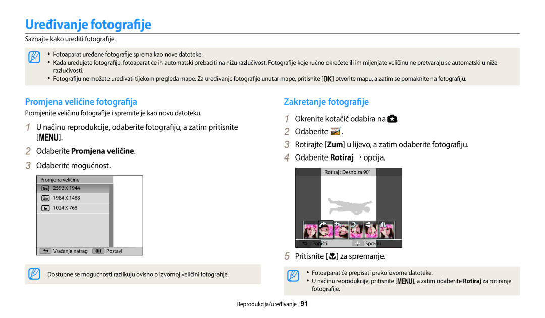 Samsung EC-WB2100BPBE3 manual Uređivanje fotografije, Promjena veličine fotografija Zakretanje fotografije 