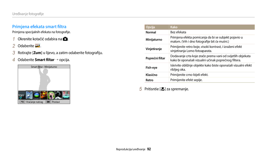 Samsung EC-WB2100BPBE3 manual Primjena efekata smart filtra, Pritisntie c za spremanje, Normal, Bez efekata 