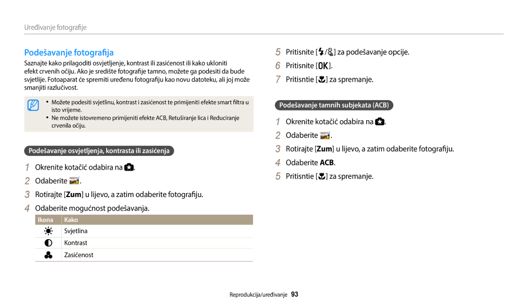 Samsung EC-WB2100BPBE3 manual Podešavanje fotografija, Podešavanje osvjetljenja, kontrasta ili zasićenja 