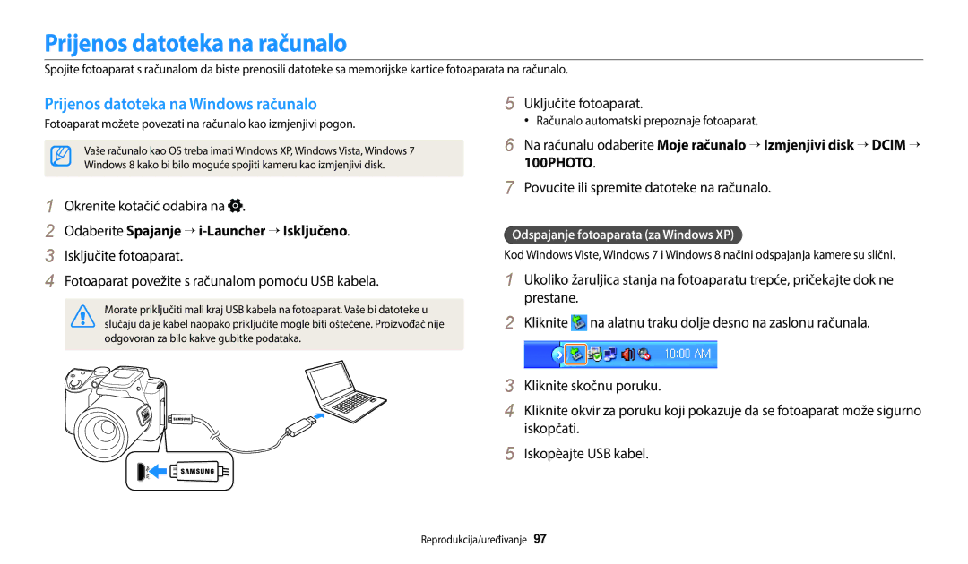 Samsung EC-WB2100BPBE3 manual Prijenos datoteka na računalo, Prijenos datoteka na Windows računalo 