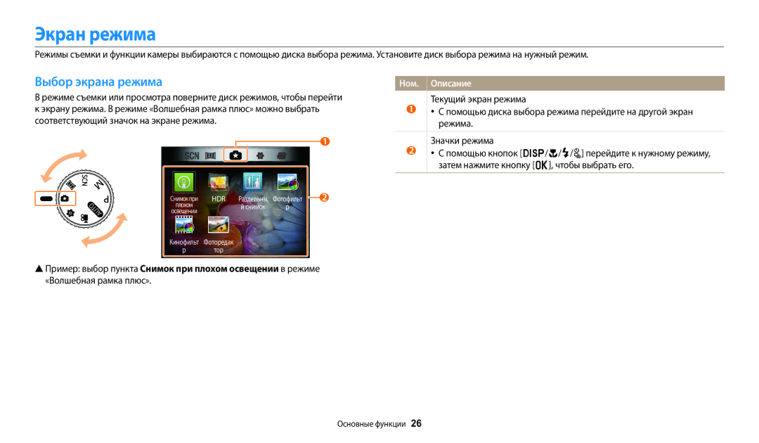 Samsung EC-WB2100BPBRU, EC-WB2100BPRRU, EC-WB2100BPBKZ manual Экран режима, Выбор экрана режима, Ном. Описание 