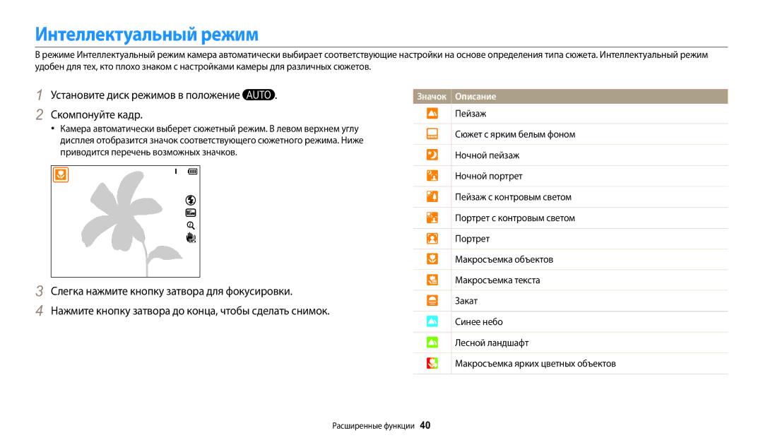 Samsung EC-WB2100BPBKZ Интеллектуальный режим, Установите диск режимов в положение . Скомпонуйте кадр, Расширенные функции 