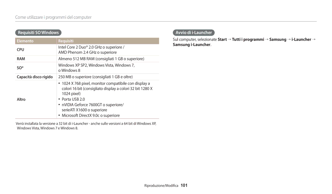 Samsung EC-WB2100BPBTR, EC-WB2100BPBE1 manual Requisiti SO Windows, Avvio di i-Launcher, Elemento Requisiti, Altro 