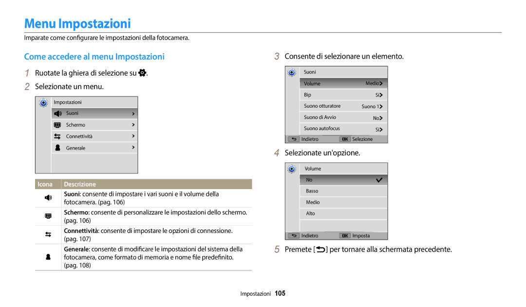 Samsung EC-WB2100BPBTR manual Menu Impostazioni, Come accedere al menu Impostazioni, Consente di selezionare un elemento 