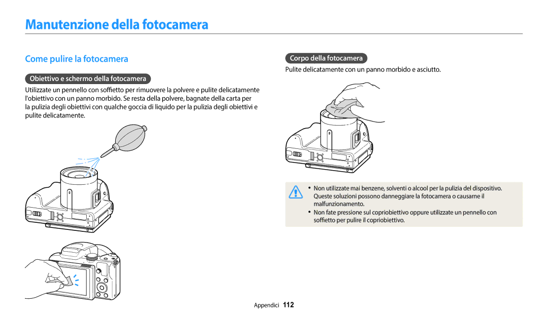 Samsung EC-WB2100BPBE1 Manutenzione della fotocamera, Come pulire la fotocamera, Obiettivo e schermo della fotocamera 