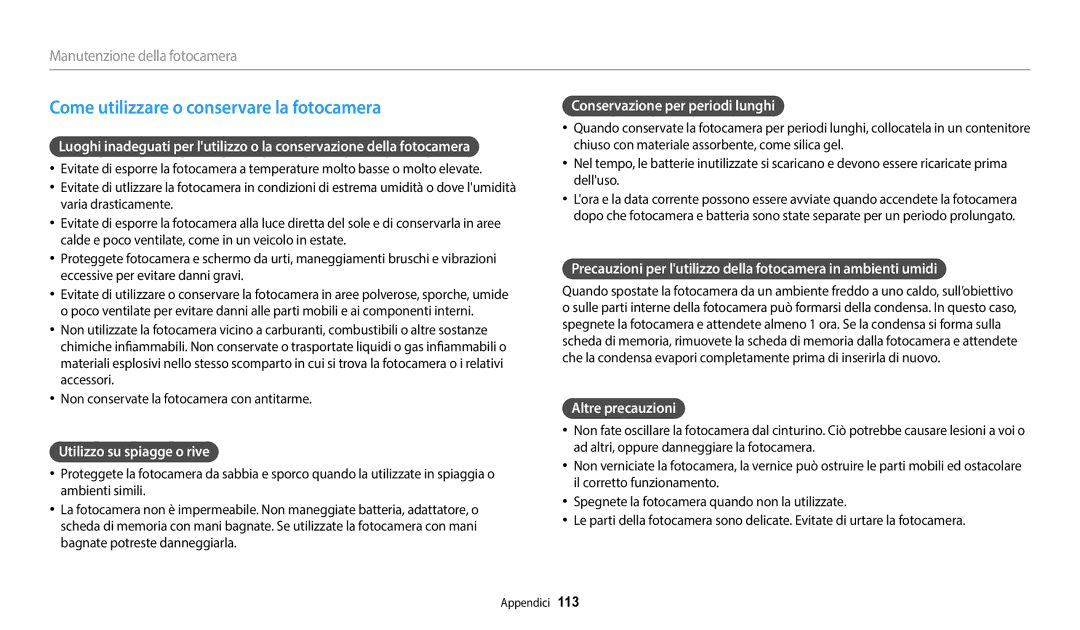 Samsung EC-WB2100BPBTR manual Come utilizzare o conservare la fotocamera, Utilizzo su spiagge o rive, Altre precauzioni 