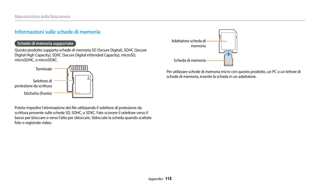 Samsung EC-WB2100BPBTR, EC-WB2100BPBE1 manual Informazioni sulle schede di memoria, Schede di memoria supportate 