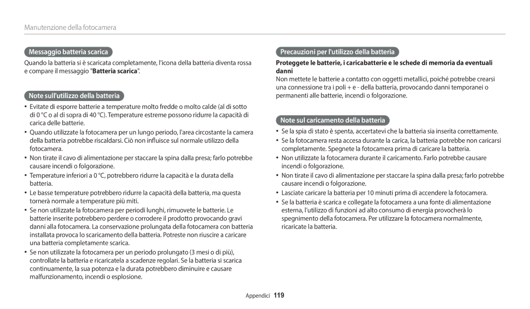 Samsung EC-WB2100BPBTR, EC-WB2100BPBE1 manual Messaggio batteria scarica, Precauzioni per lutilizzo della batteria 