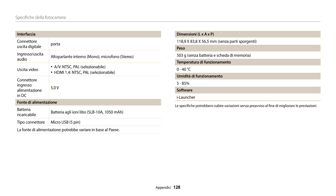 Samsung EC-WB2100BPBE1 manual Interfaccia, Fonte di alimentazione, Dimensioni L x a x P, Peso, Temperatura di funzionamento 