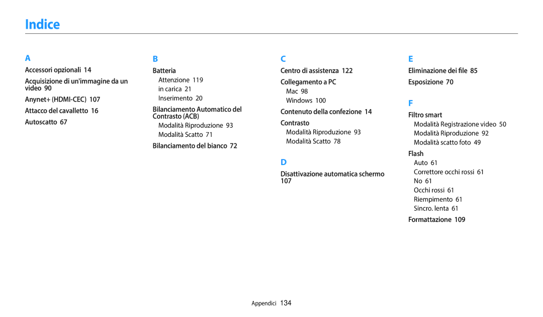 Samsung EC-WB2100BPBE1, EC-WB2100BPBTR manual Indice, Modalità Riproduzione 93 Modalità Scatto, Mac Windows 