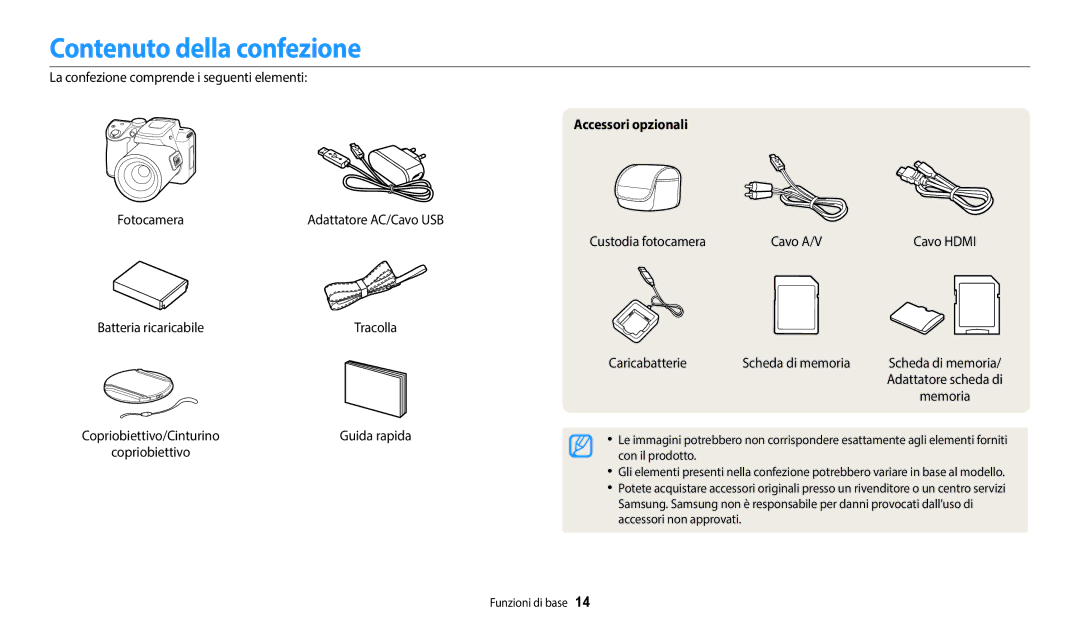 Samsung EC-WB2100BPBE1, EC-WB2100BPBTR manual Contenuto della confezione, Accessori opzionali 