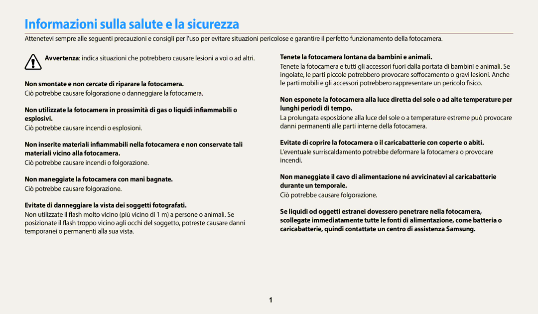 Samsung EC-WB2100BPBTR Informazioni sulla salute e la sicurezza, Non smontate e non cercate di riparare la fotocamera 