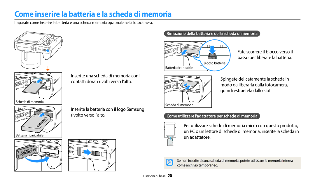 Samsung EC-WB2100BPBE1 manual Come inserire la batteria e la scheda di memoria, Inserite la batteria con il logo Samsung 