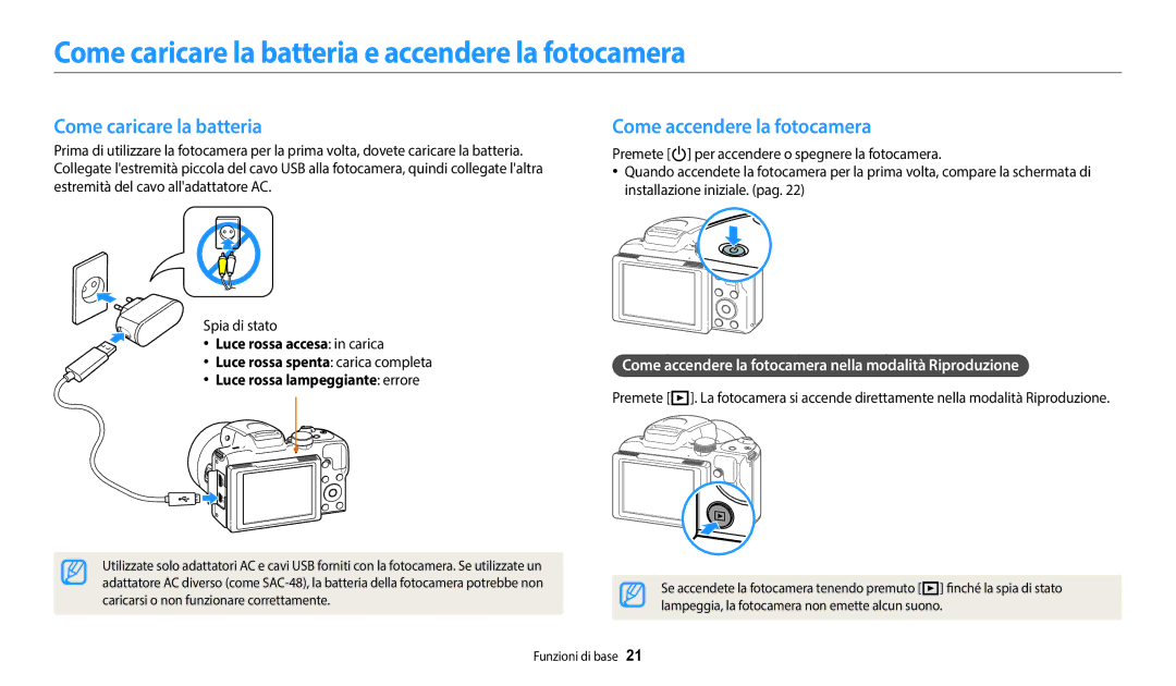 Samsung EC-WB2100BPBTR, EC-WB2100BPBE1 Come caricare la batteria e accendere la fotocamera, Come accendere la fotocamera 